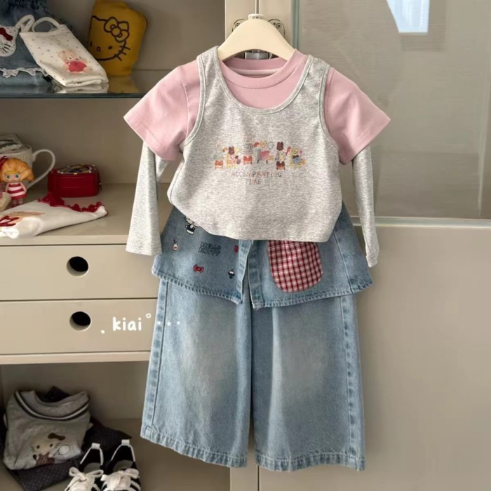 Quần jeans bé gái mùa xuân mới phong cách Hàn Quốc trẻ em quần rắm rèm quần ống rộng quần ống