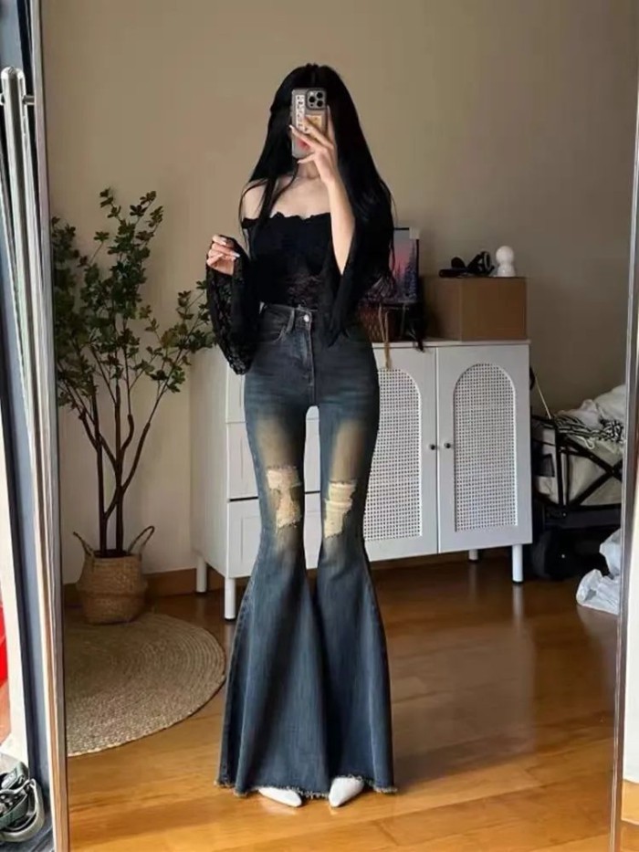 Lan ~ American Retro Hot Girl Rách Hơi Rách Quần Jean Nữ Xuân Thu Phong Cách Mới Cao Cấp Ôm Ôm Hơn Nhìn Rộng Chân Hồ