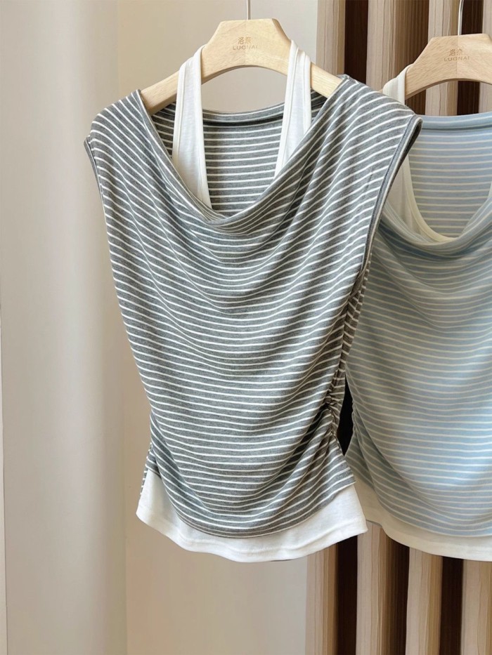 Lan ~ Áo Vest Sọc Nữ Mùa Hè Mặc Bên Ngoài Thiết Kế Mùa Hè Cảm Giác Xếp Ly Hẹp Cổ Dây Giả Hai Mảnh Áo Thun Không Tay Áo Thun