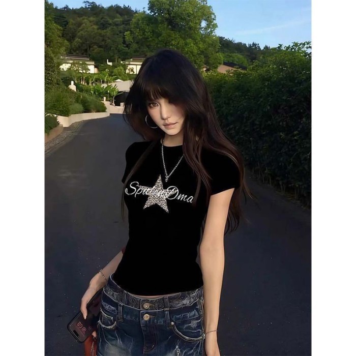 Lan ~ American Hot Girl Retro Da Báo In Áo Thun Nữ Mùa Hè Phong Cách Mới Slim-fit Ngọt Ngào Phong Cách Mỏng Hơn Nhìn Ngắn Top