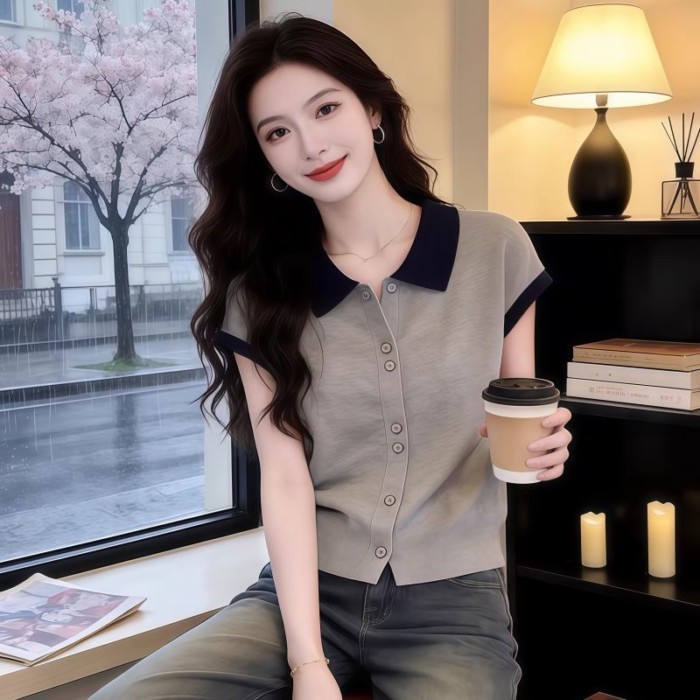 Màu sắc tương phản Hàn Quốc cổ polo ngắn tay băng lụa dệt kim cardigan nữ tính cài nút mỏng