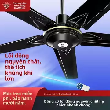 Quạt trần đen thương hiệu Diamond cho phòng khách, quạt trần công nghiệp lớn có cánh sắt công nghiệp cũ với điều khiển t
