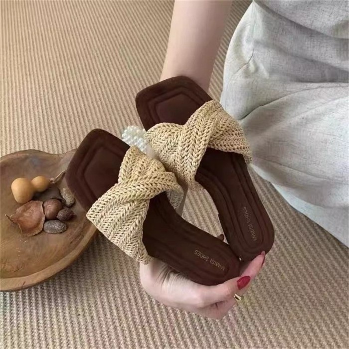 Dép dệt đế mềm dành cho nữ, dép xỏ ngón đế phẳng du lịch mùa hè đi biển cho nữ