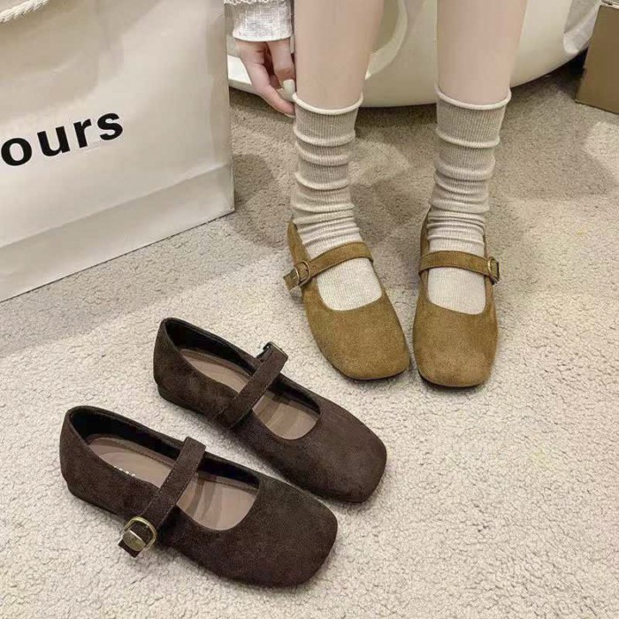 Giày đơn nữ, Giày nữ đế bệt miệng nông phong cách retro, Giày da lộn mũi vuông mới của Pháp, Già
