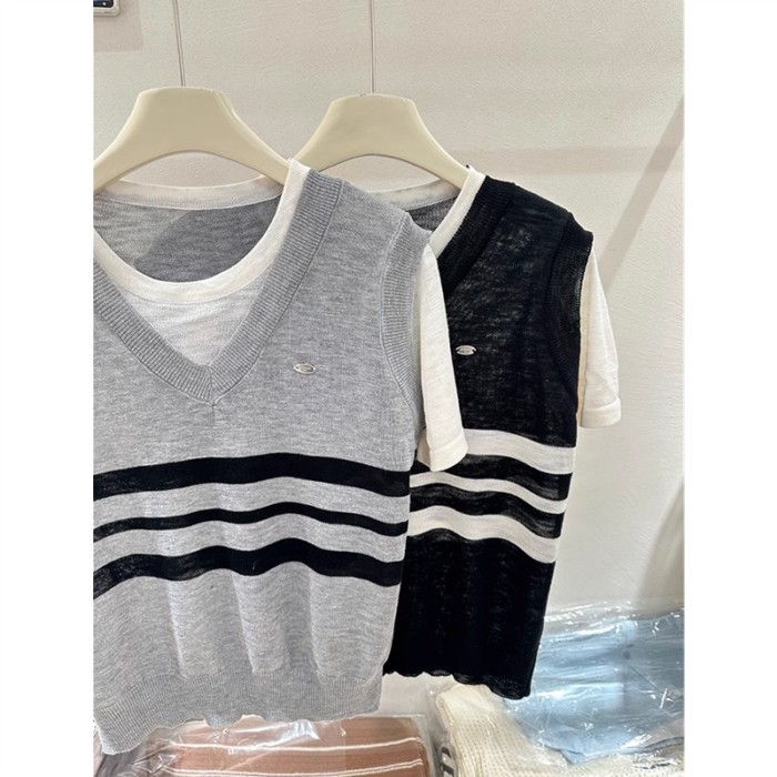 Áo vest nối màu tương phản phong cách đại học tay ngắn giả hai mảnh áo len mỏng giảm béo mùa hè dàn