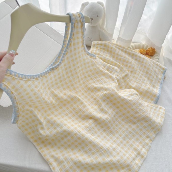 đơn giản viền xanh kem kẻ sọc vàng quần short không tay Bộ đồ ngủ nữ mùa hè Cloud cotton bé g