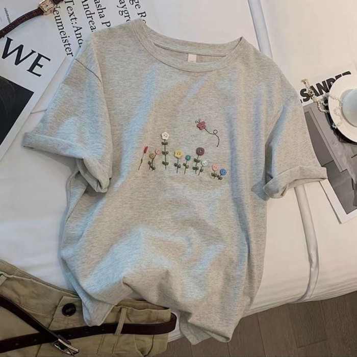 Áo sơ mi ngắn tay màu xám dành cho nữ phong cách Hàn Quốc dáng rộng giản dị Áo thun cotton in