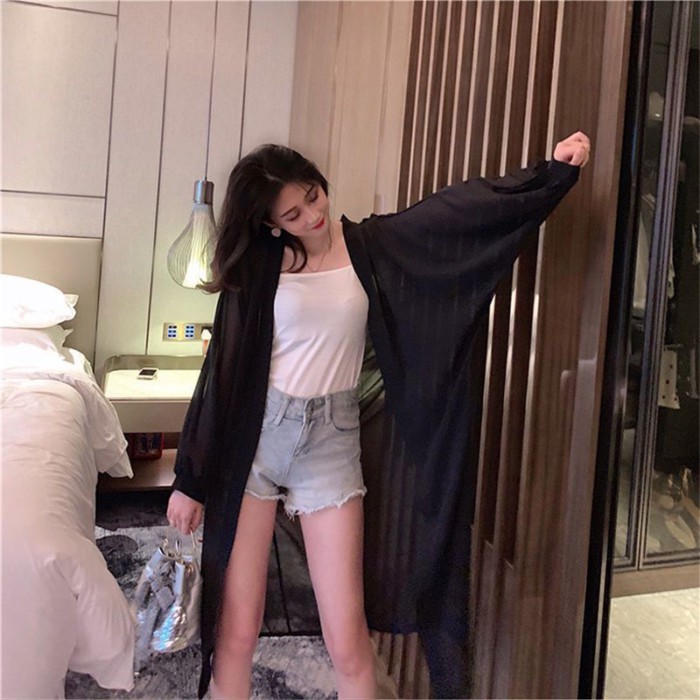 Mùa Hè Siêu Cổ Tích Phong Cách Nữ Dài Qua Đầu Gối Cardigan Thời Trang Áo Khoác Mỏng Phong Cách H