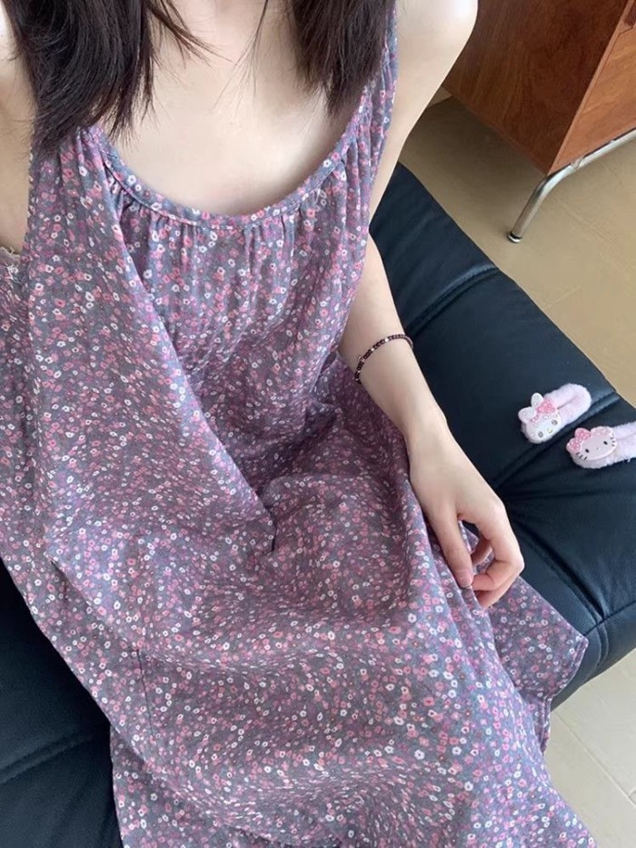 Cao cấp màu tím hoa treo váy ngủ dành cho nữ mùa hè mỏng rời ngọt ngào Đầm không tay Bộ đồ ng