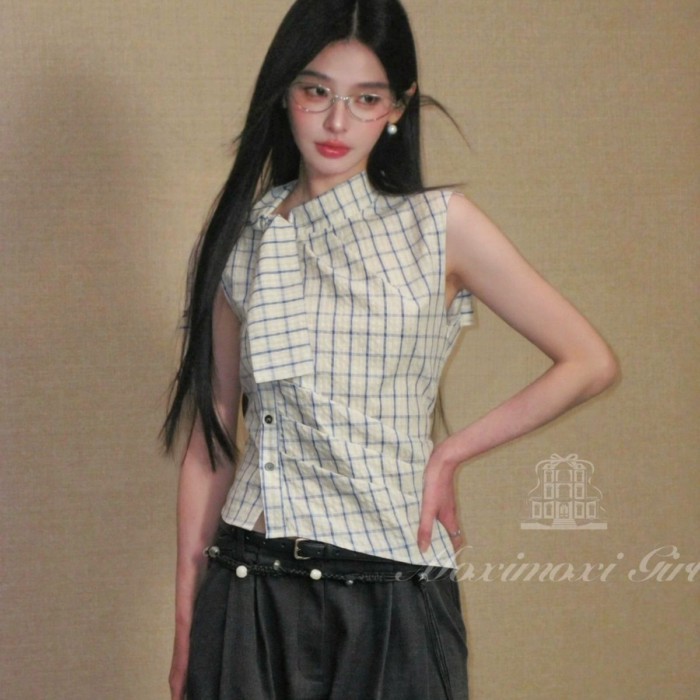 Áo sơ mi kẻ sọc cổ cao cột dây eo không tay phong cách Hàn Quốc giảm béo khí chất áo slim fit