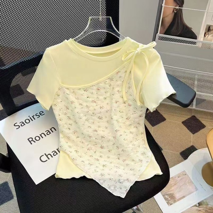 Cô gái Pháp không đều nối ren áo thun ngắn tay dành cho nữ ngọt ngào hoa nhỏ giả hai mảnh trê