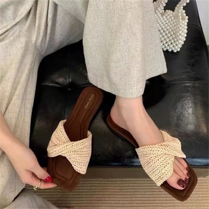 Dép dệt mũi vuông phẳng kiểu cổ điển dành cho nữ mùa hè Áo khoác ngoài mùa hè mới phong cách