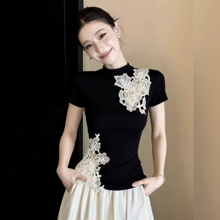 Áo thun ngắn tay phối ren cotton nguyên chất phong cách Trung Hoa mới cho phái đẹp thon gọn tron