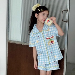 Kẻ Sọc Mèo Kitty Bộ Đồ Ngủ Bé Gái Mùa Hè Mỏng Bé Gái Tay Ngắn Phù Hợp Với Trẻ Em Nhà Quần Áo Áo Kho