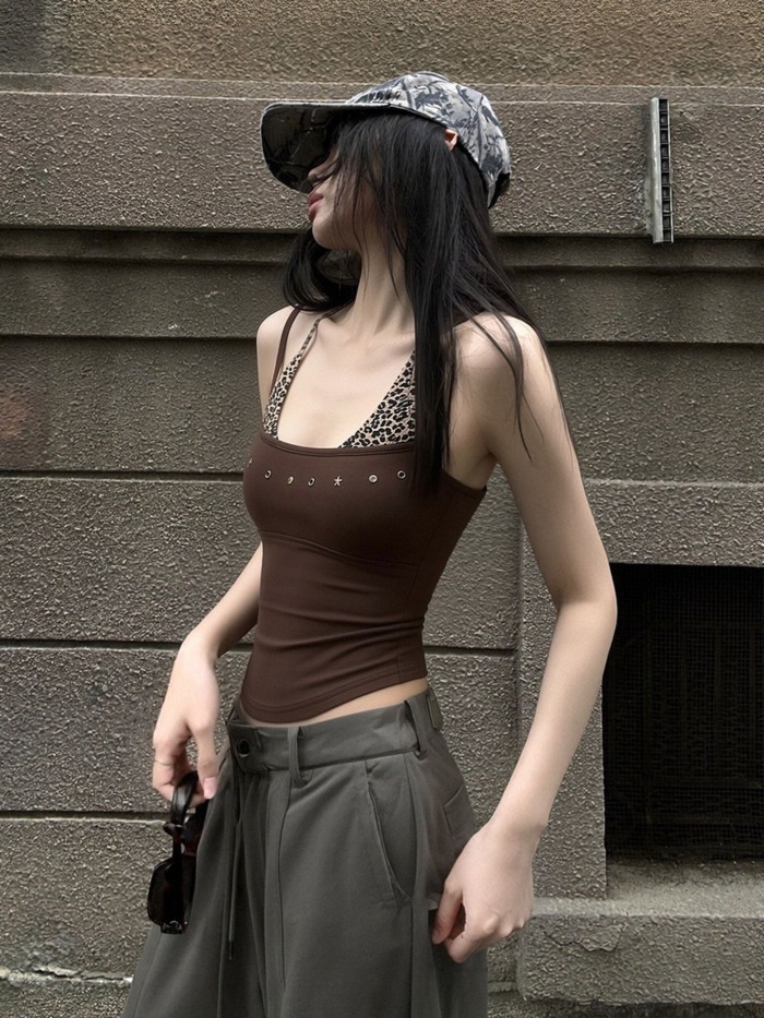 Hot Girl Mỹ Họa Tiết Da Báo Nối Giả Hai Dây Treo Nữ Mùa Hè Thiết Kế Cảm Giác Tính Khí Ôm Giảm