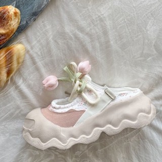 dép xỏ ngón mùa hè mới, giày nữ thông thường đa năng, đế siêu dày hoa tulip dễ thương, giày tăng
