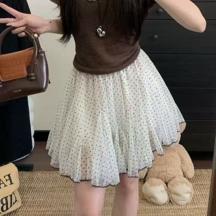 Thời trang xuân hè váy lưới mới phiên bản Hàn Quốc váy chấm bi váy chữ A dễ thương và đa năng