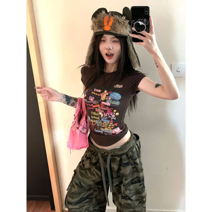 Lan ~ Áo thun đeo vai trang trọng phong cách Mỹ dành cho nữ mùa hè Graffiti in hình Cotton nguyên chất nặng tay ngắn cổ điển Hot Girl Slim @