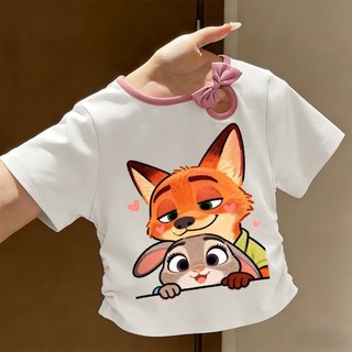 Áo thun Zootopia Judy dành cho trẻ em và trung niên phong cách mùa hè bé gái nơ ngắn tay phong cách