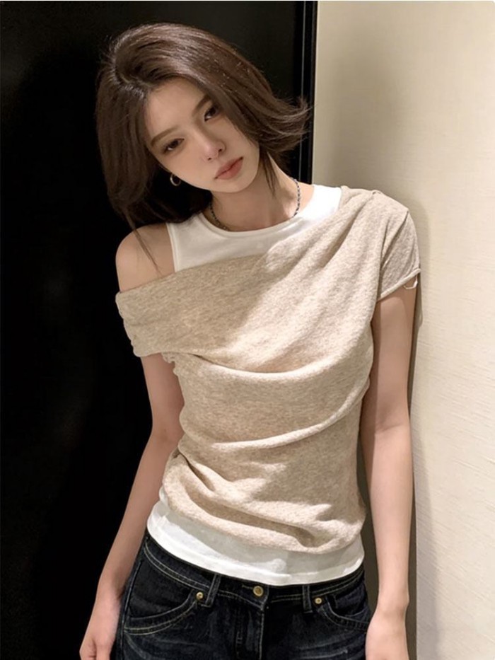 Áo thun ngắn tay cổ tròn giả hai mảnh phong cách retro Mỹ dành cho nữ với áo crop top giảm bé