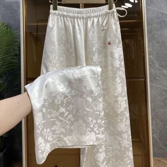 quần satin jacquard phong cách quốc gia Quần ống rộng phong cách Trung Quốc cho phụ nữ mùa xuân