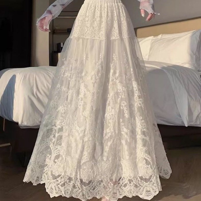 Váy ren lưới màu trắng kiểu Pháp mùa hè mới váy cạp cao giảm béo dài vừa dành cho nữ