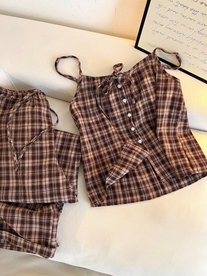 Retro Kẻ Sọc Suspender Bộ Đồ Ngủ Nữ Mùa Hè Phổ Biến Ánh Sáng Sang Trọng Và Cao Cấp Quần Áo Ở