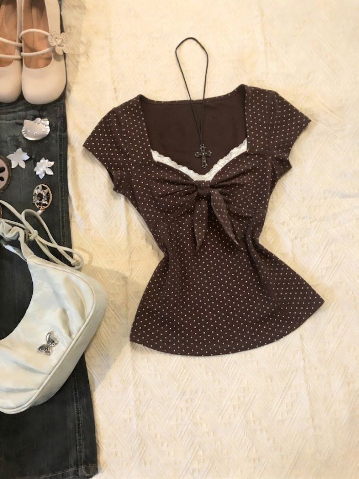 Năm thiết kế thời trang giản dị Millennial Retro Mỹ hottie y2k eo giả hai mảnh áo thun chấm b