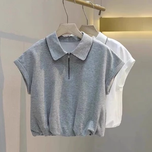 Áo thun ngắn tay nửa khóa kéo màu xám dành cho nữ mùa hè dáng rộng ve áo nhỏ tay áo bay Áo thun áo