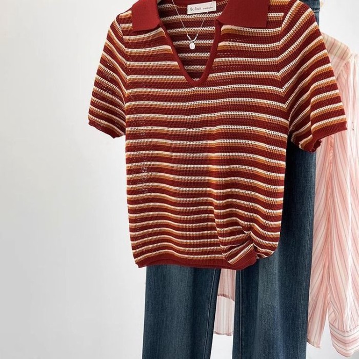 Áo len sọc ngắn tay mùa hè dệt kim màu đỏ sang trọng độc đáo cổ polo cổ cao cấp