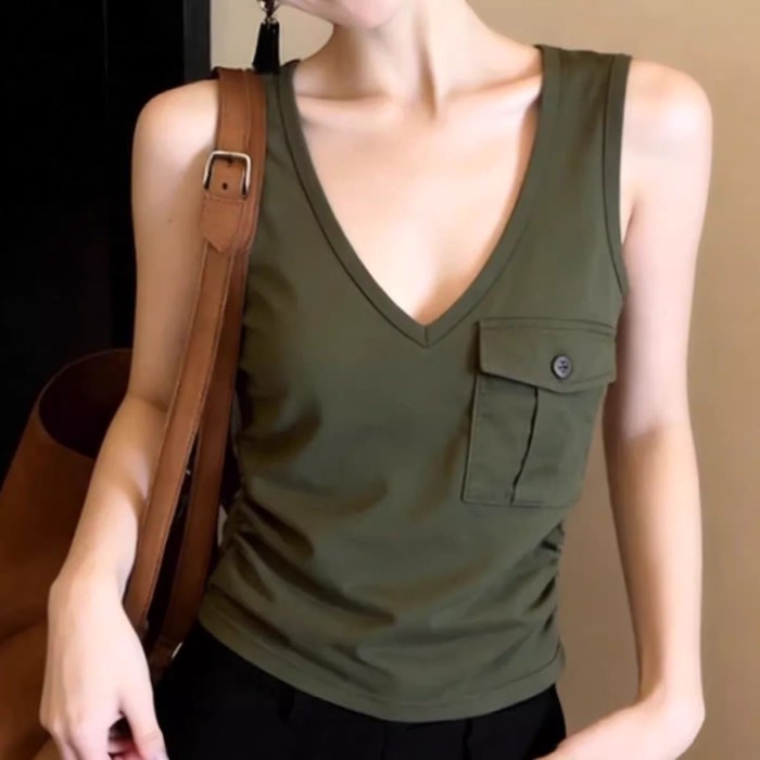Lan ~ Phong Cách Hàn Quốc Thiết Kế Bỏ Túi Cảm Giác Áo Vest Nữ Mùa Hè Phong Cách Mới Hot Girl Phong Cách Chặt Tay Nẹp Không Tay Đệm Ngực