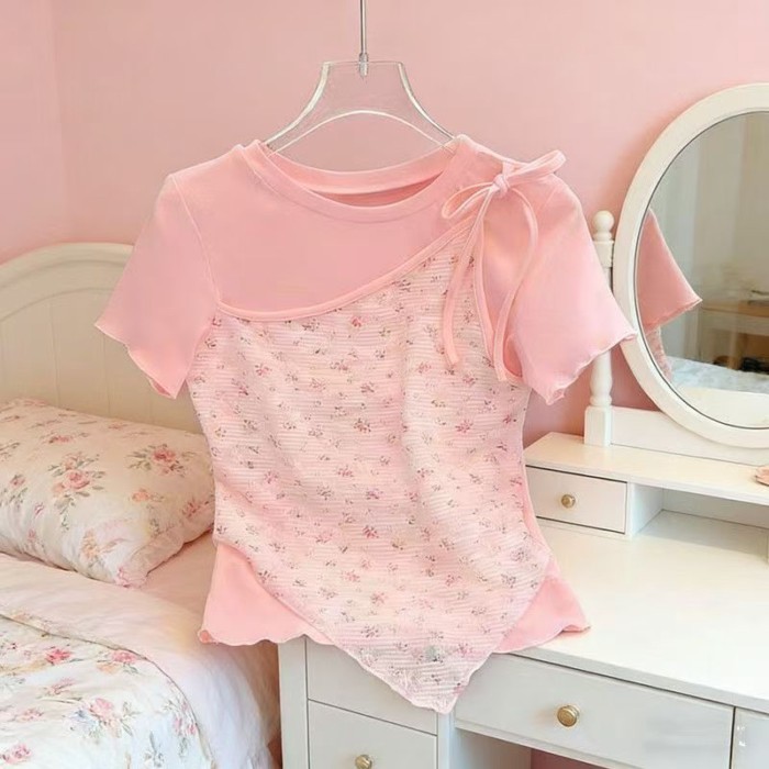 Cô gái Pháp không đều nối ren áo thun ngắn tay dành cho nữ ngọt ngào hoa nhỏ giả hai mảnh trê
