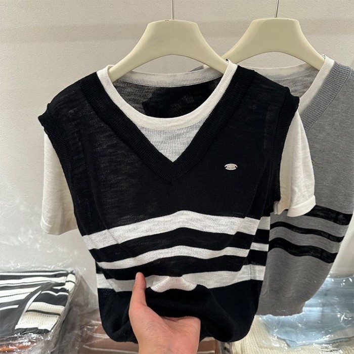 Áo vest nối màu tương phản phong cách đại học tay ngắn giả hai mảnh áo len mỏng giảm béo mùa hè dàn