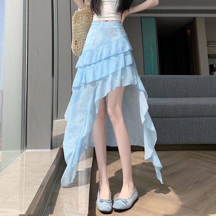 Váy váy buộc dây không đều màu cho nữ mùa hè kiểu dáng mới xù lưới váy chữ A dài ngang hông