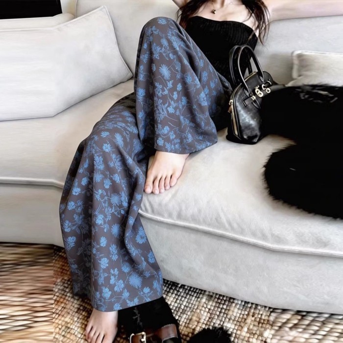 Quần ống rộng họa tiết hoa màu xanh thông thường dành cho nữ Mùa hè dáng rộng Quần thẳng cao cấp