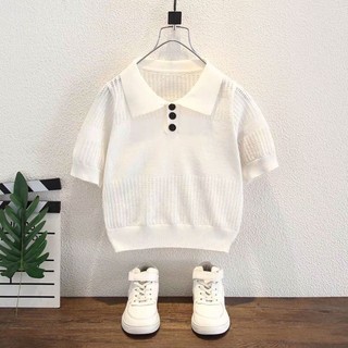 Bé Trai Màu Ice Silk Polo Dệt Kim Top Mùa Hè Ngắn Tay Áo Thun Mỏng Đa Năng Cổ Ve Áo Sơ Mi