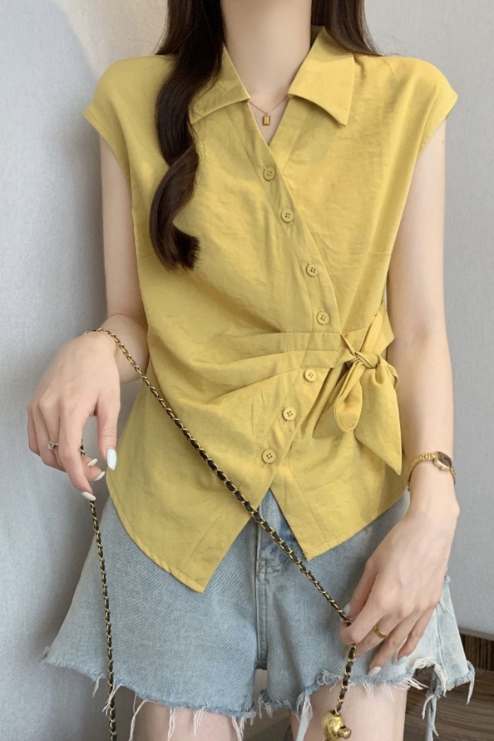 dây đai siết eo, sơ mi ngắn tay thời trang, giảm béo mới mùa hè, áo đơn giản, đa năng