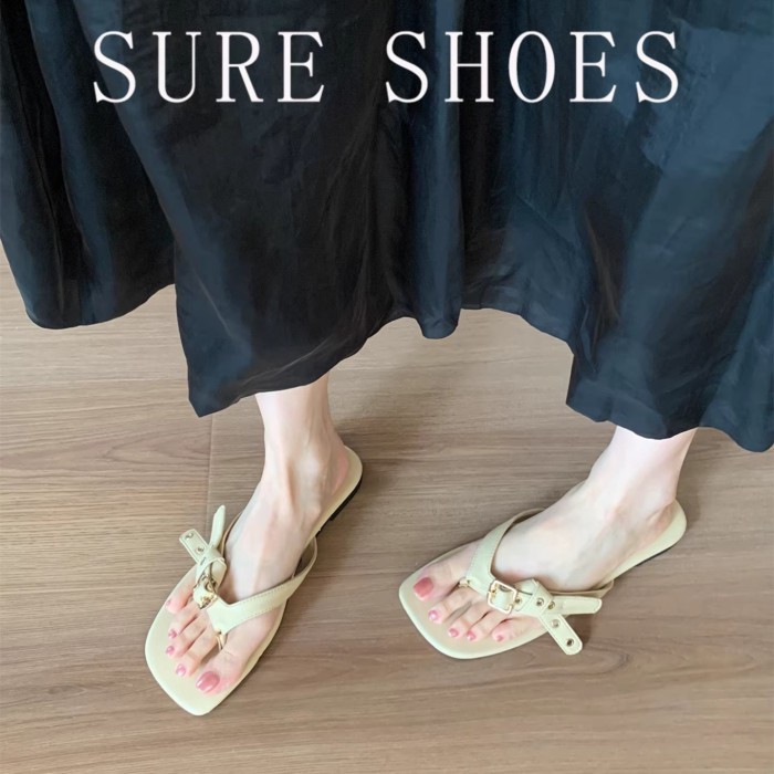 Lan ~ Phiên Bản PU 1cm Đế Phẳng Retro Flip-Flops Mặc Ngoài Phong Cách Mới Mùa Hè Thắt Lưng Khóa Dép