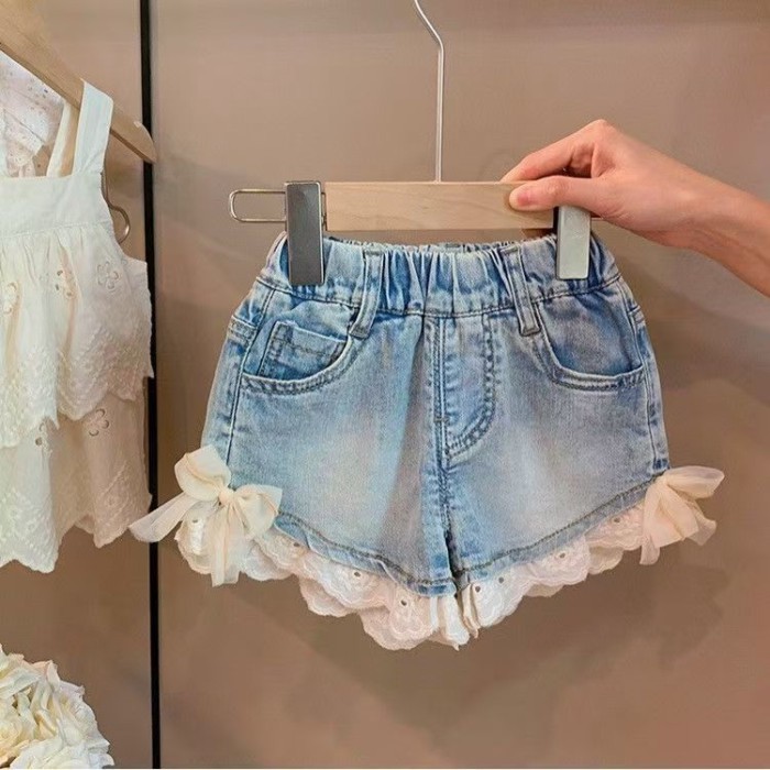 Quần Bé Gái Quần Jean Ren Trẻ Em Quần Short Nơ Phù Hợp Cho Bé