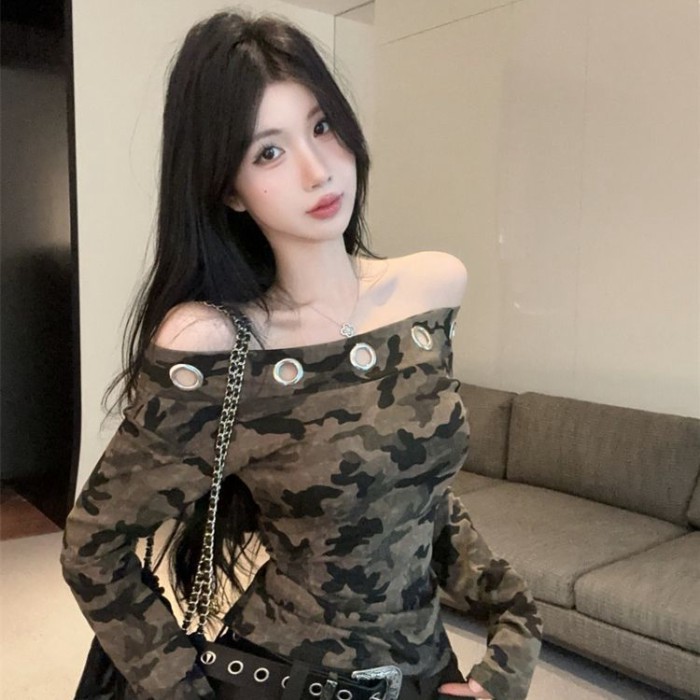 Lan Áo Sơ Mi Một Vai Phong Cách Retro Slim, Thiết Kế Ngụy Trang Dây Chéo Bả Vai