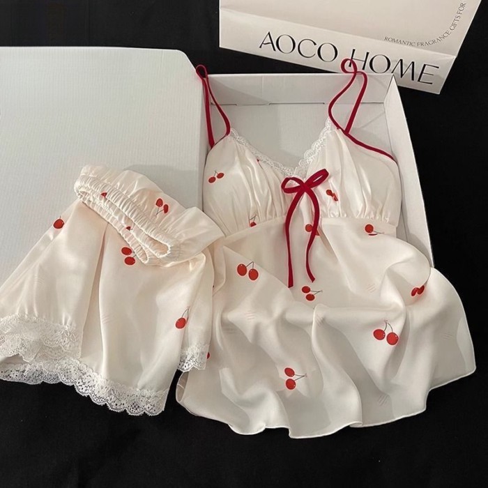 Mới In Anh Đào Ice Silk Suspender Bộ Đồ Ngủ Có Miếng Đệm Mút Mùa Hè Thoáng Mát Bộ Đồ Ngủ Nữ M