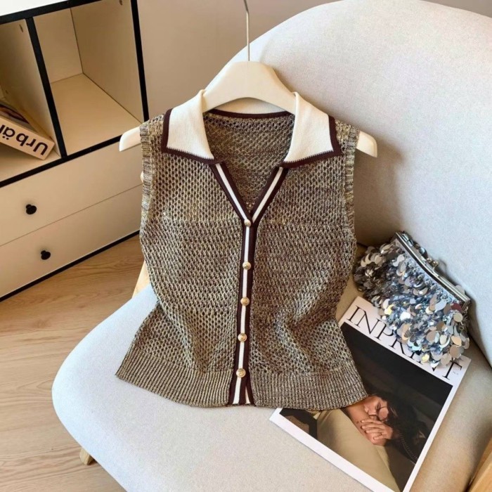 Lan ~ Áo Vest Niche Cao Cấp Phong Cách Tiền Cũ Màu Sắc Tương Phản Cổ Chữ V Không Tay Dệt Kim Nữ Thiết Kế Mùa Hè Cảm Giác Thời Trang Đáy Cardigan