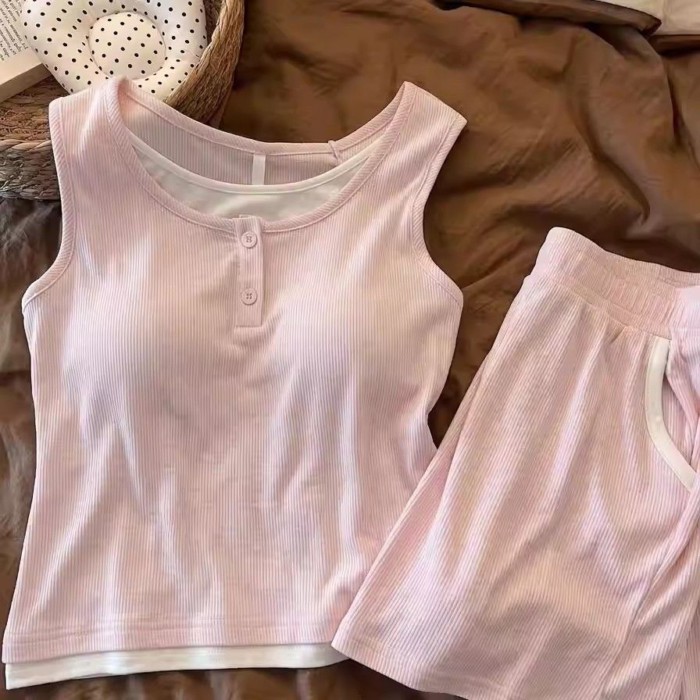 Bộ đồ ngủ có dây đeo mùa hè dành cho nữ có miếng đệm ngực, áo vest không tay, bộ đồ mặc nhà rộng rã