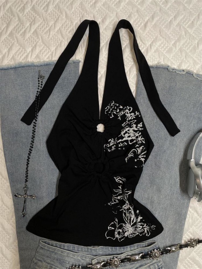 Phong cách retro in hoa dây đeo cổ áo vest nữ hot girl người Mỹ thon gọn đáy mới hàng đầu Châ