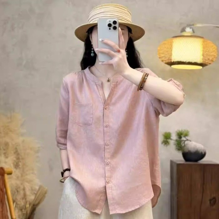 Áo sơ mi sạch sẽ ngắn tay bằng cotton và vải lanh cho nữ, áo sơ mi ôm một bên ngực, áo len dáng rộn