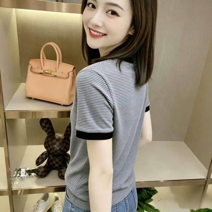 Áo thun ngắn tay sọc lệch vai thêu họa tiết thời trang mùa hè đa năng, dáng ôm, dáng ôm, cổ tròn, á