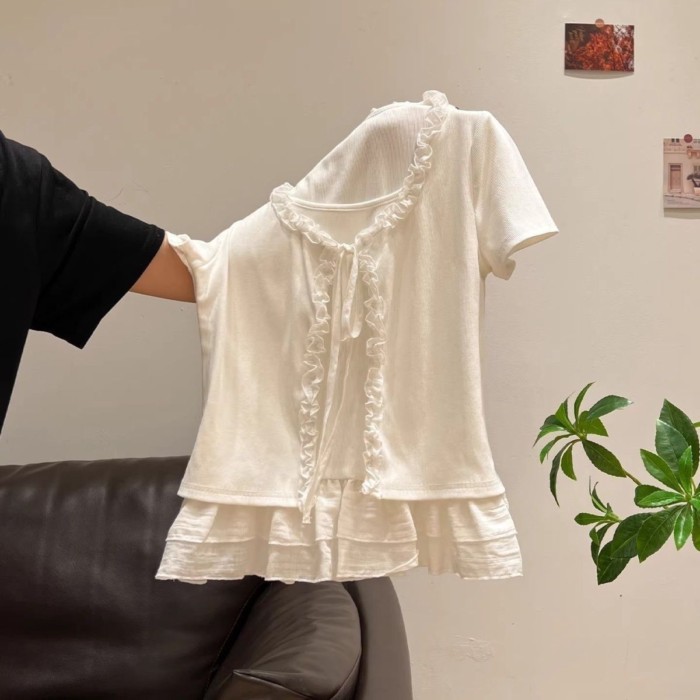 Áo thun hai dây giả ren nấm phong cách Pháp nhẹ nhàng dành cho nữ thời trang mùa hè khí chất