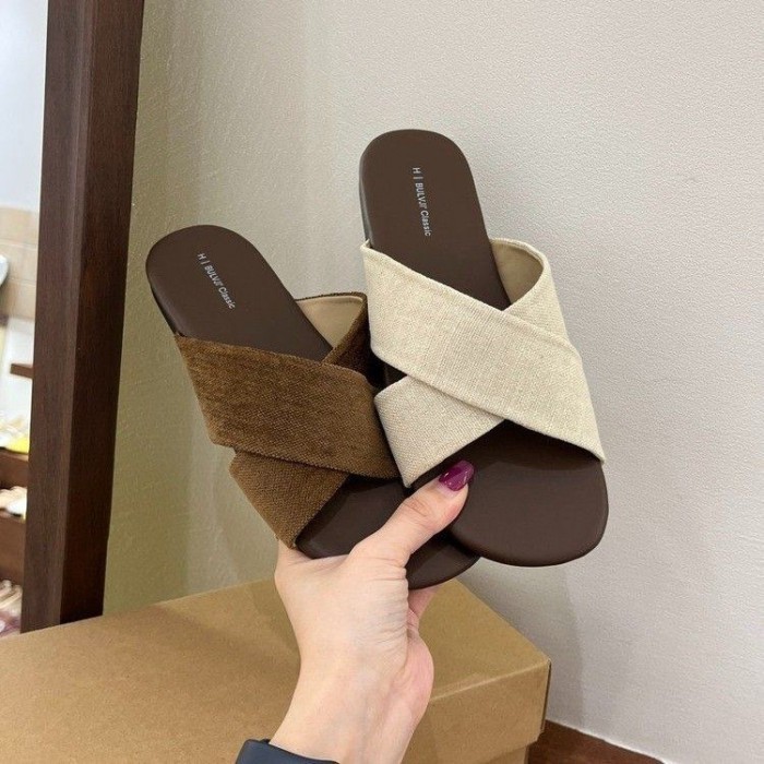Dép vải lanh quai ngang cho nữ, dép thường ngày cổ điển, dép bệt đi biển đi nghỉ mát