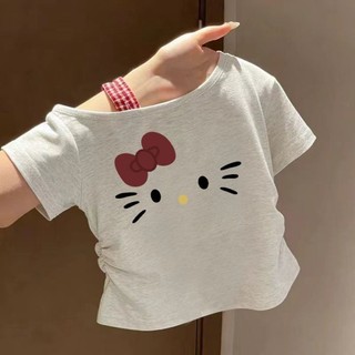 Áo thun ngắn tay cho bé gái Áo trễ vai giảm béo cho trẻ em Áo thun hình mèo Kitty ngọt ngào mùa hè