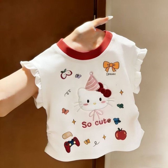Áo Phông In Hình Mèo Dễ Thương Bé Gái Mùa Hè Cotton Nguyên Chất Màu Khối Áo Vest Không Tay Cho B